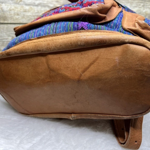 Multicolor Tapestry Embroidered Fabric Tan Leather Trim Drawstring Backpack main image 6